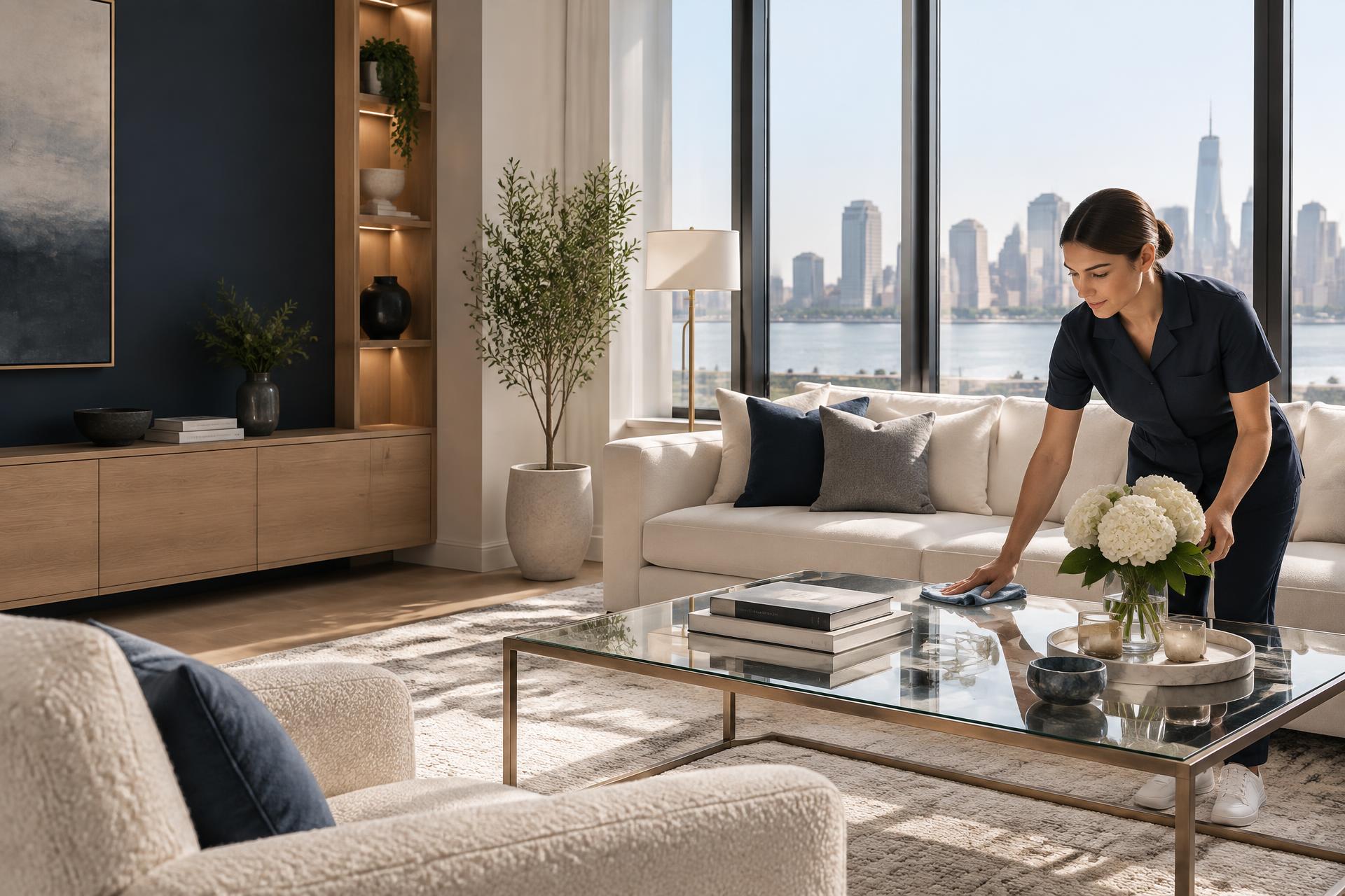 Professional Deluxe Shine cleaner polishing a bright, elegant New Jersey living room